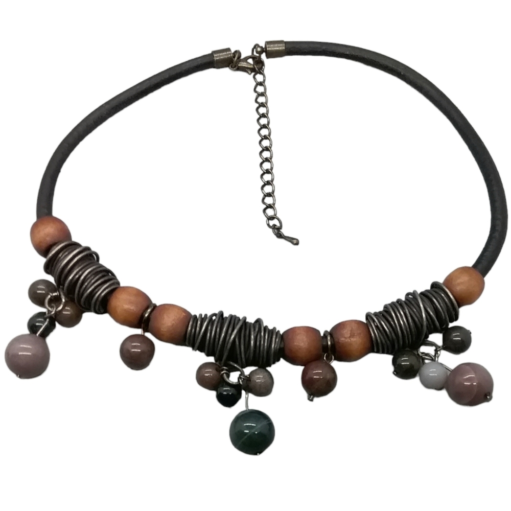 Chunky Leather Choker Necklace Wood and Porcelain Beads